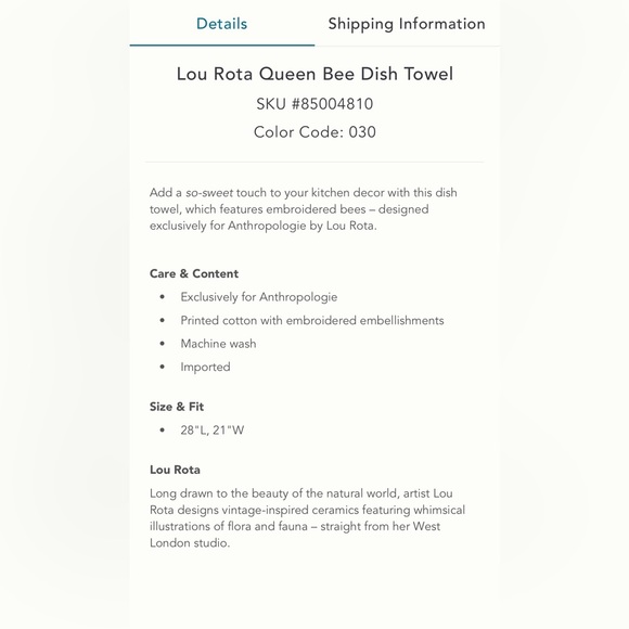 Anthropologie Lou Rota Queen Bee dish towel size 28”by 21” - Picture 4 of 9